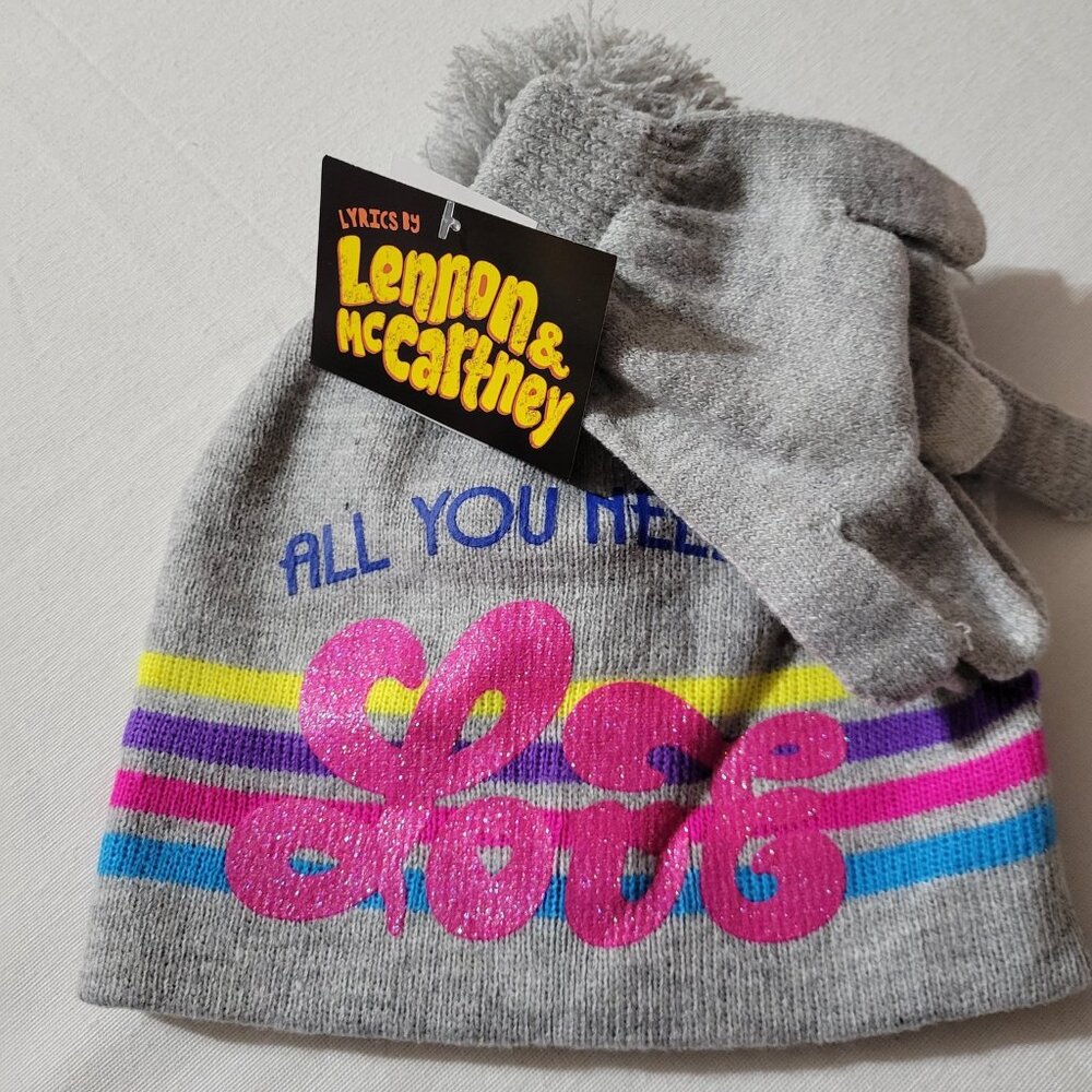 Lyrics By Lennon & McCartney Grey Girls Gloves & Hat set NWT
